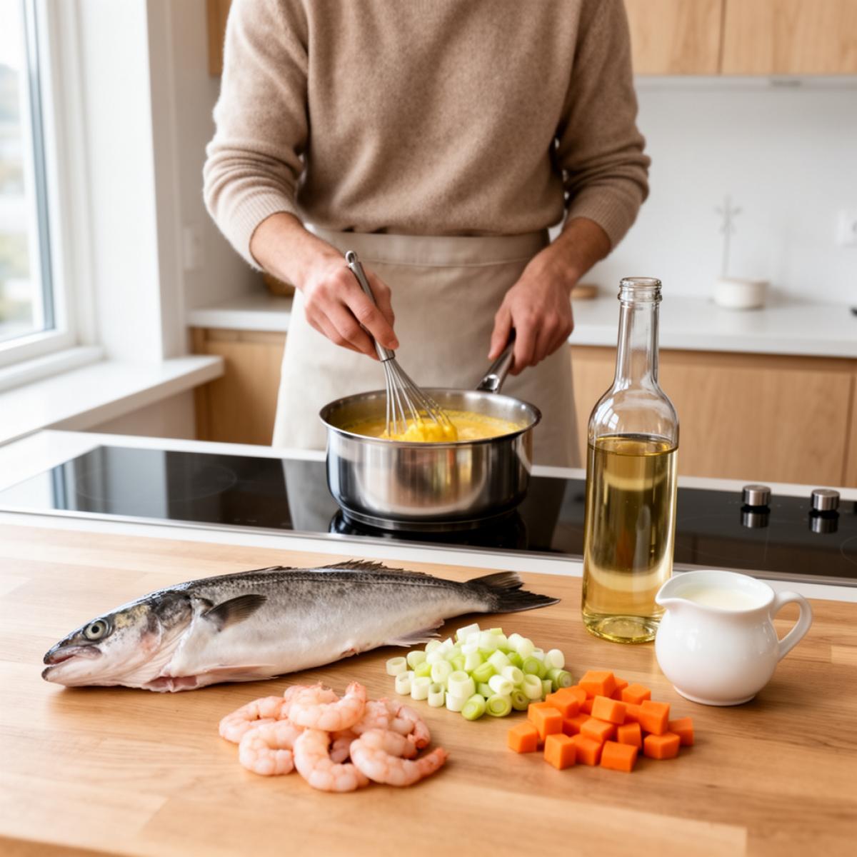 Рецепт Бергенского рыбного супа со сливками и морепродуктами на одну порцию