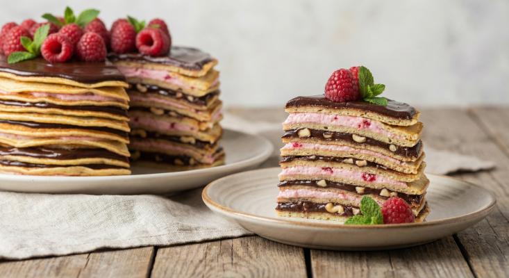 Блинчатый торт с шоколадно-малиновой прослойкой - праздничный десерт