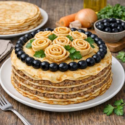 Блинный пирог с мясом - сытный закусочный рецепт с фаршем