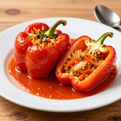 Болгарский перец, фаршированный капустой и морковью в томатном соусе - вегетарианский рецепт