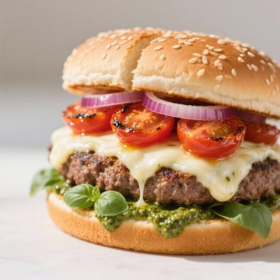 Гамбургеры с томатами черри и моцареллой - рецепт с соусом из базилика и луком