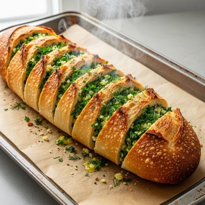 Горячий батон с зеленью и чесноком - простая закуска в духовке Хрустящий рецепт за 15 минут