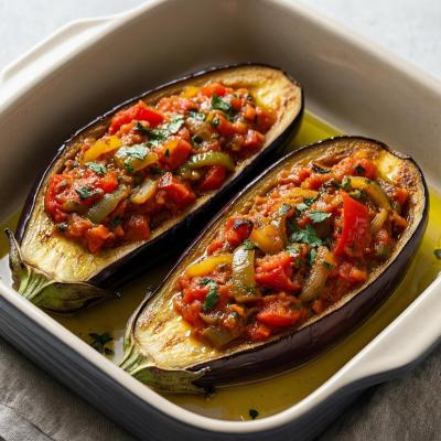 Имам баялды - турецкая закуска из запеченных баклажанов с овощами, рецепт с томатами и зеленью