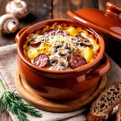 Картофель с охотничьими колбасками и шампиньонами в горшочках