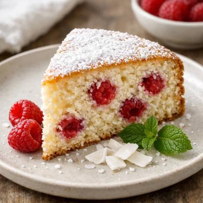 Кокосовый пирог со свежей малиной: летний десерт