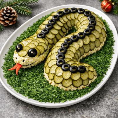 Новогодний салат Змейка - символ года с рыбными консервами