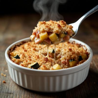 Овощной крамбл - простой рецепт порционной закуски с кабачками и ветчиной под песочной крошкой