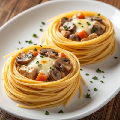 «Птичьи гнёзда» из спагетти с начинкой: рецепт горячей закуски