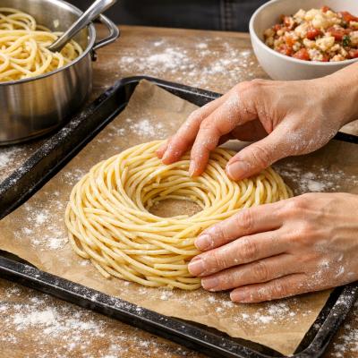 «Птичьи гнёзда» из спагетти с начинкой: рецепт горячей закуски