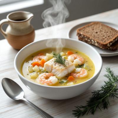 Рецепт Бергенского рыбного супа со сливками и морепродуктами на одну порцию