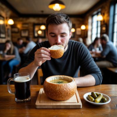 Рецепт горохового супа в хлебном горшочке на одну порцию