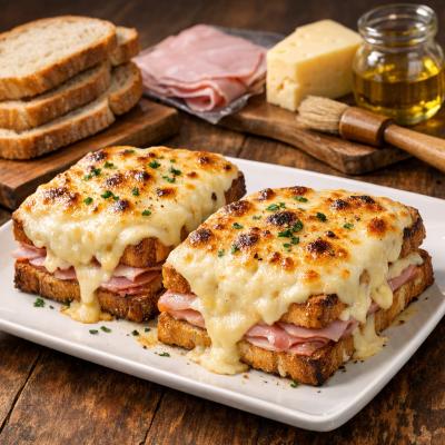 Рецепт Хрустящих бутербродов с ветчиной и сыром под соусом бешамель — французский завтрак, который понравится всем