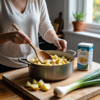 Рецепт картофельного супа-пюре с луком-пореем и чесноком на одну порцию