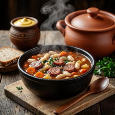 Рецепт немецкого густого супа с колбасой и фасолью на одну порцию