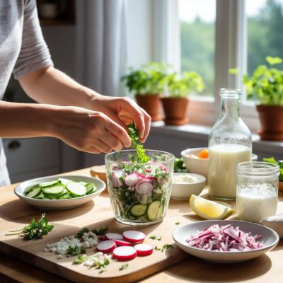 Рецепт окрошки на мясном бульоне со сметаной на одну порцию