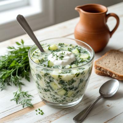 Рецепт окрошки на мясном бульоне со сметаной на одну порцию