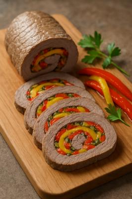 Рулет из говядины с маринованным перцем - холодная закуска с луком и зеленью