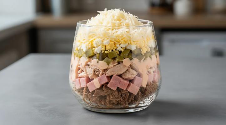 Салат Мужской каприз с тремя видами мяса - слоеный рецепт