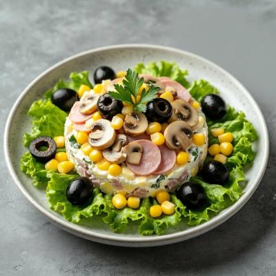 Салат Пятёрка с ветчиной и грибами - простой рецепт