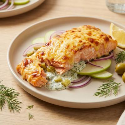 Семга под огуречным соусом - рецепт с яблоком