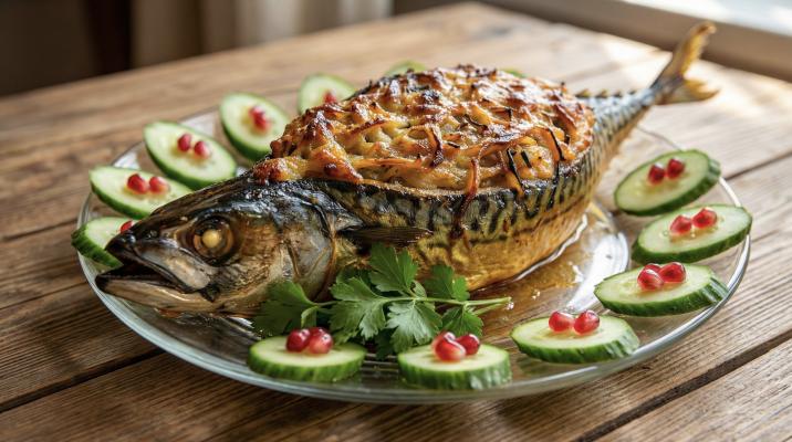 Скумбрия, фаршированная овощами и грибами