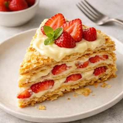 Слоеный торт с клубникой и нежным кремом