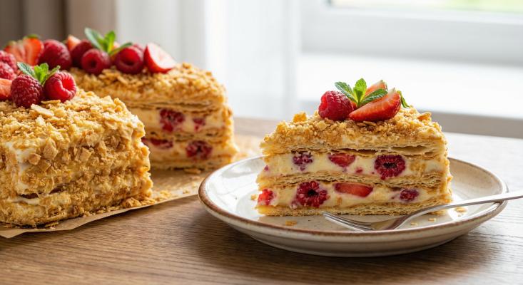 Слоеный торт со сгущенкой и ягодами - быстрый рецепт из готового теста