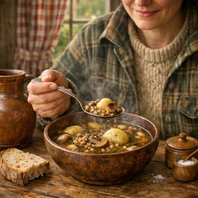 Сытный обед на одного: рецепт гречневого супа с картофельными клецками
