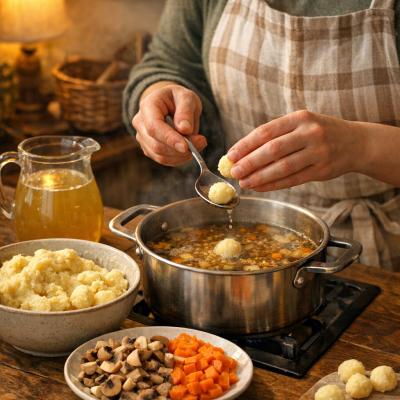 Сытный обед на одного: рецепт гречневого супа с картофельными клецками