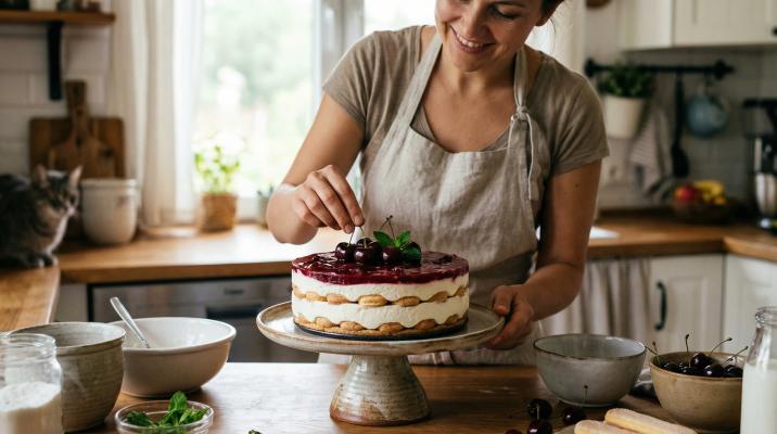 Торт панна-кота с печеньем и вишней