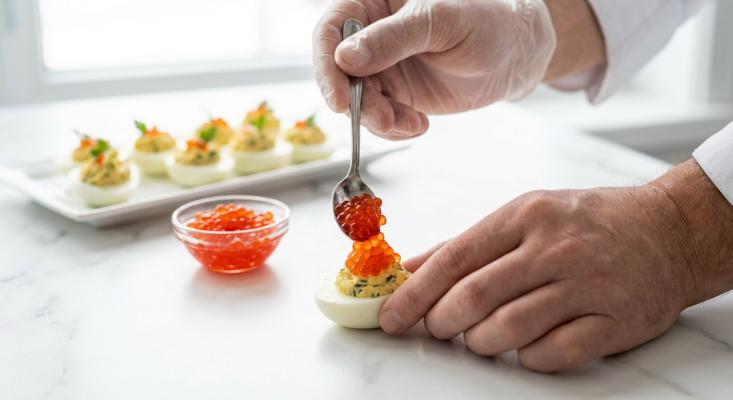 Яйца, фаршированные сельдью и красной икрой: рецепт праздничной закуски