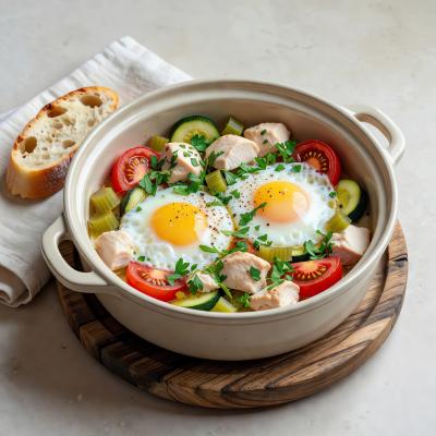 Яйца, запеченные с овощами и курицей: рецепт завтрака