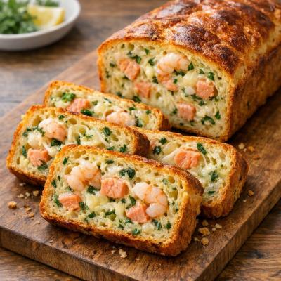 Закусочный хлеб с лососем и креветками - несладкая выпечка для фуршета Рецепт с сыром и зеленью