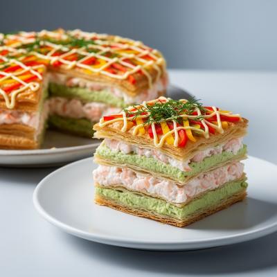 Закусочный торт с креветками и авокадо - рецепт из слоеного теста